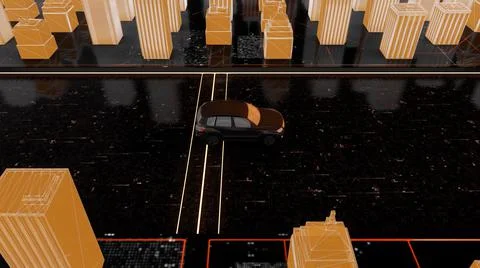 Flying over 3D virtual geometric city with a brown car driving among office Illustrazione stock