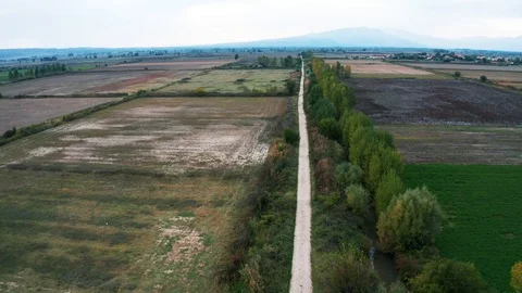 Flying over agricultural fields and dirt road in the countryside. Stock Footage 118188194