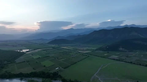 Flying over Alazani river at sunset. Kvareli, Georgia 2022 summer Stock Footage 197886580