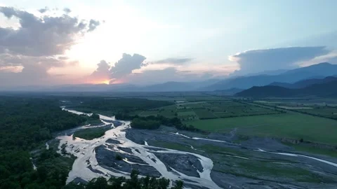 Flying over Alazani river at sunset. Kvareli, Georgia 2022 summer 스톡 동영상 197886919