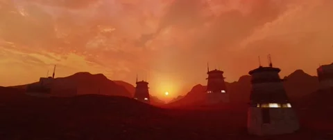 Flying over alien planet rocky desert landscape past outpost settlement. 動画素材 146253273
