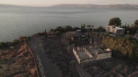 Flying Over Ancient Synagogue And Octagonal Church At Capernaum 库存影片 347807637