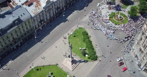 Flying over the area Mickiewicz and central avenue in Lviv Stockbeeldmateriaal 68666500