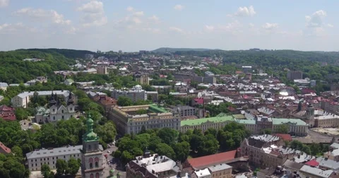 Flying over the area Mickiewicz and central avenue in Lviv Stockbeeldmateriaal 68666504