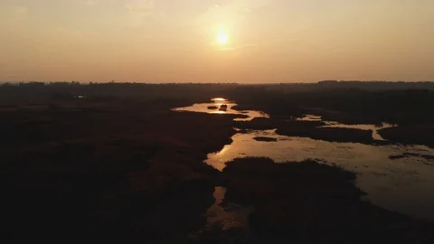 Flying Over the Autumn Marsh, Sunset Over the River, Reflection Stock Footage 97998212