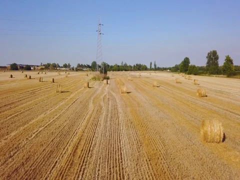 Flying over beautiful field with bale of hay. Aerial drone footage 4k Stock Footage 78418580