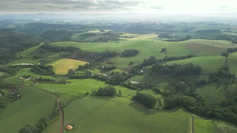 Flying over beautiful green fields and trees at amazing light. Stock Footage 234454626