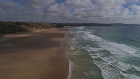 Flying over beautiful sandy beach, aerial seaside landscape with sea and waves Stock Footage 75927167