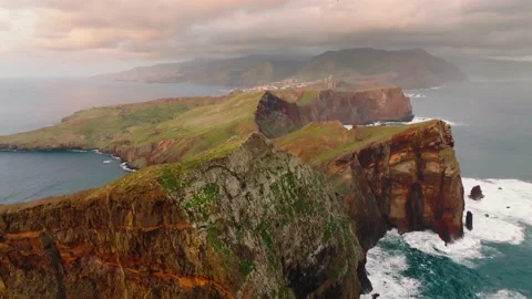 Flying over bizarre brown-green rocks of Ponta de Sao Lourenco, Madeira island Stock Footage 169147606