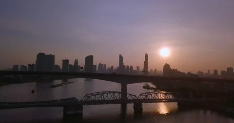 Flying over bridge filled with traffic in Bangkok, Thailand Stock Footage 108644716