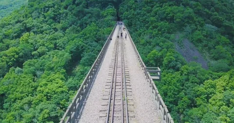 Flying Over Bridge. Flying Over Viaduct with People. Tracking Path Vídeo Stock 88455709