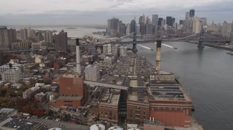 Flying over Brooklyn toward Manhattan Bridge, skyline of Lower Manhattan in Stock Footage 59528785
