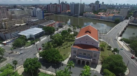 Flying over Capibaribe river, Santa Isabel Theater in Recife, Brazil Stock Footage 61708752