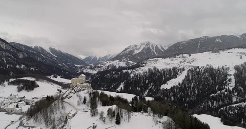 Flying over the Castle of Tarasp in Vulpera, Switzerland Stockbeeldmateriaal 92936697