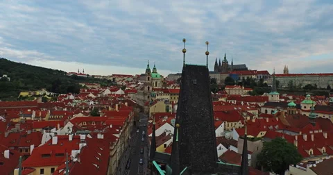 Flying over the Charles Bridge Tower roof. Beautiful 4k views of the old Prague. Stock Footage 61041954