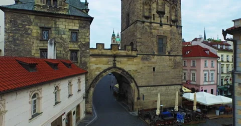 Flying over the Charles Bridge Tower. Beautiful 4k views of the old Prague. Stock Footage 61042083