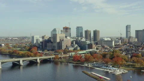 Flying over Charles River toward Longfellow Bridge Stock Footage 160296143