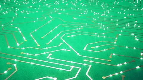 Flying over the chip with a flying electrons. Green color Video stock 80053624