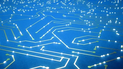 Flying over the chip with a flying electrons. Blue color Video stock 80056024