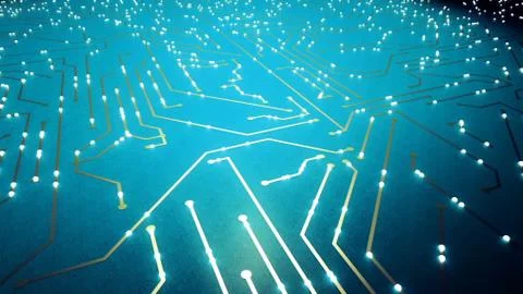 Flying over the chip with a flying electrons. Stock Illustration