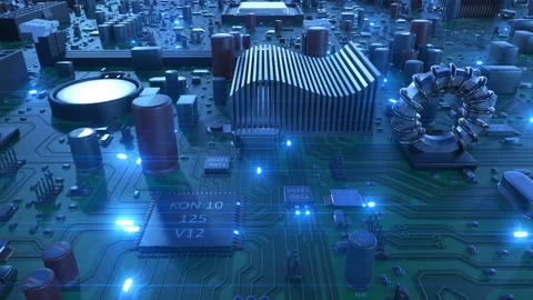 Flying Over the Circuit Board and Processors with Blue Signals. Looped 3d Stock Footage 87882576