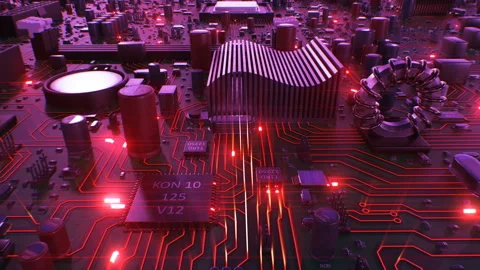Flying Over the Circuit Board and Processors with Red Lights. Looped 3d Stock Footage 87882806