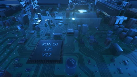 Flying Over the Circuit Board Blue Color. Looped 3d Animation of Motherboard Stock Footage 87883983