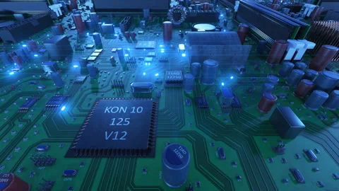 Flying Over the Circuit Board With Blue Signals. Looped 3d Animation Video stock 88138592