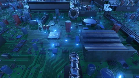 Flying Over the Circuit Board With CPUs and Blue Signals. Looped 3d Animation of 動画素材 87884382