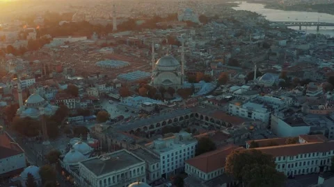 Flying over of city centre, sunset mosque in Istanbul Turkey 4K Stock Footage 220416118