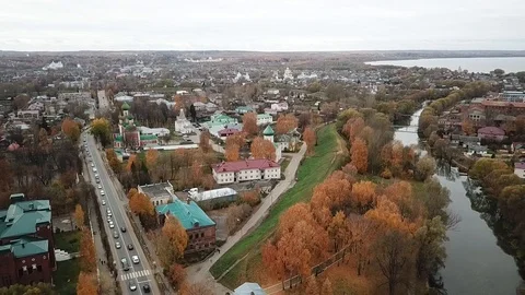 Flying Over City River Stock Footage 106488324