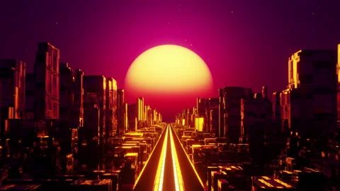 Flying over the city at sunset. Infinitely looped animation Stock Footage 207428892