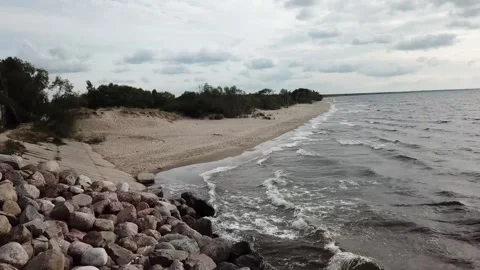 Flying Over Coast And Waves, Aerial Shot, Baltic Sea Stock Footage 158996068