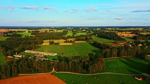 Flying Over Colorful Patchwork Farmland With Fields, Trees, and Distant Villages Stock Footage 320994461