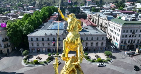 Flying over column of freedom in the center of Tbilisi Stock Footage 196712980