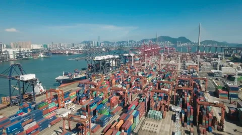 Flying over container terminal Port of Hong Kong, global trade China Asia Stock Footage 67522716