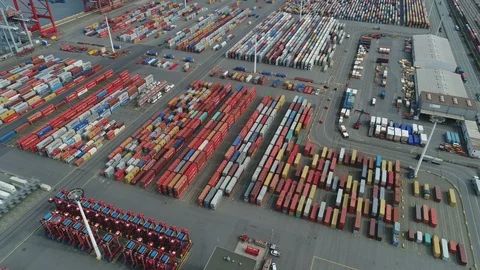 Flying over container terminal of Port of Hamburg, industrial harbor Germany Stock Footage 85854320