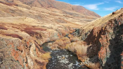 Flying Over Crystal Clear River Rock Canyon Background Mountains On Autumn Day Stock Footage 252801650