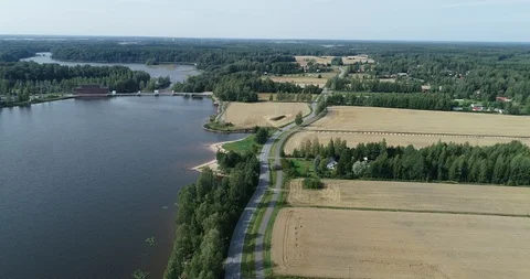 Flying over the Dam on the river. Strong current. Stock Footage 119372812