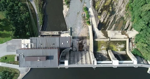 Flying over the Dam on the river. Waterfall. Strong current. Aerial view. Stock Footage 119372228