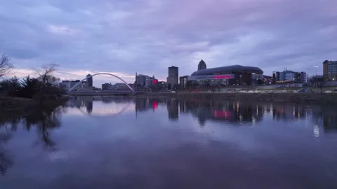 Flying over the Des Moines River and the Des Moines Skyline Stock Footage 235543665