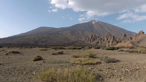 Flying over the desert with rocks and El Teide volcano, Tenerife, Spain Stock Footage 120361930