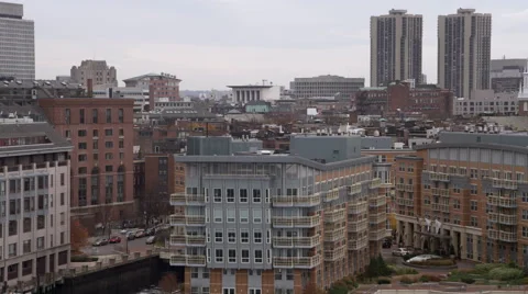 Flying over downtown Boston toward North End and Old North Church. Shot in 2011. Stock Footage 59249740