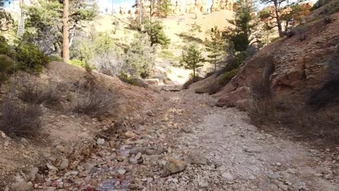 Flying over a dried riverbed and out of a canyon in Utah Video stock 153248621