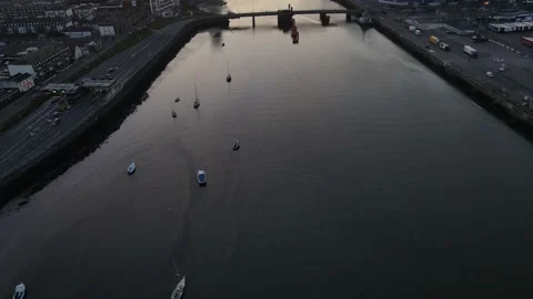 Flying over Dublin docklands by the drone during sunset Stock Footage 151055278