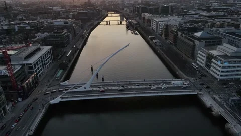 Flying over Dublin docklands by the drone during sunset Stock Footage 151055459