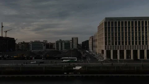 "Flying over Dublin docklands by the drone during the sunset" Stock Footage 151055475
