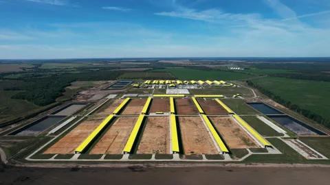 Flying over an empty livestock farm Stock Footage 166364591