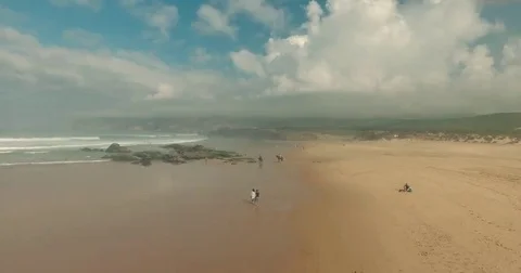 Flying Over Empty Sandy Beach and Ocean Waves. Video stock 69249357
