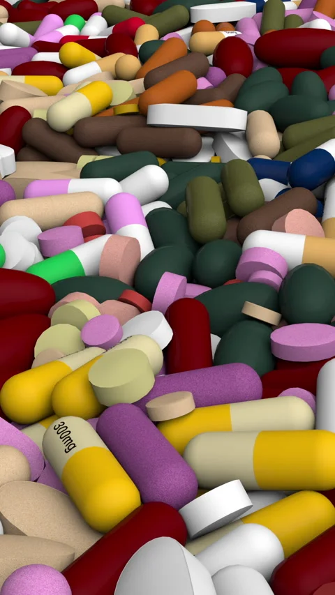 Flying over endless pills pile - 3d render looped. Stock Footage 305669565